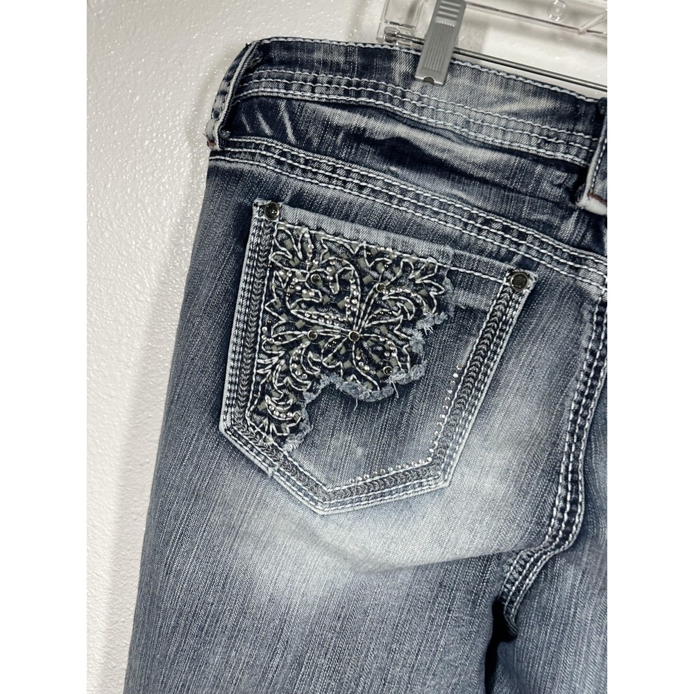 Hydraulic Bailey Jeans Womens 22 Blue Distressed Embroidered Capri Cropped Denim - Picture 9 of 10
